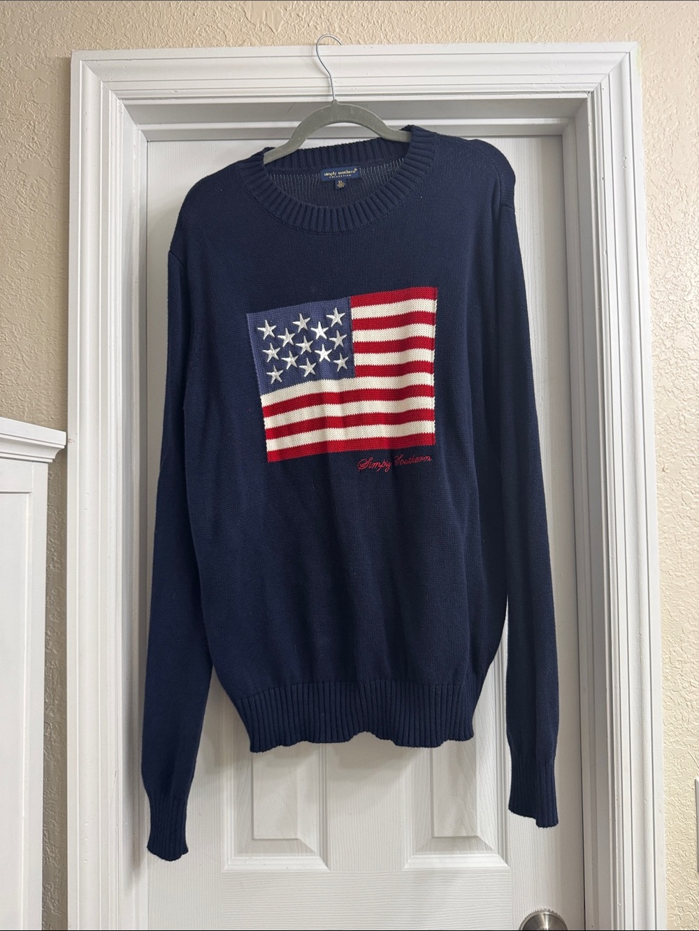 Simply Southern Navy Crewneck Sweater with Flag Motif